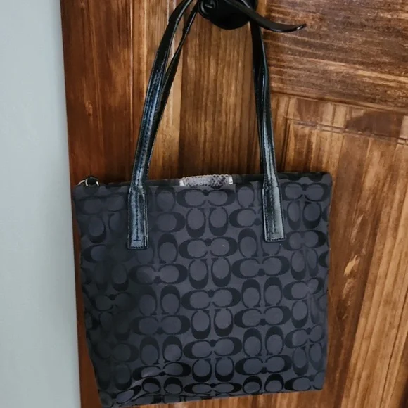 Coach Signature Python Stripe Tote Shoulder Canvas Handbag black blue teal - Picture 2 of 3